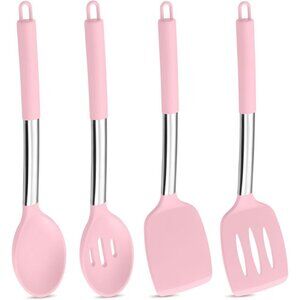 Pink Kitchen Cooking Utensil Set of 4, Silicone Solid Spatulas Slotted Spoons Tu